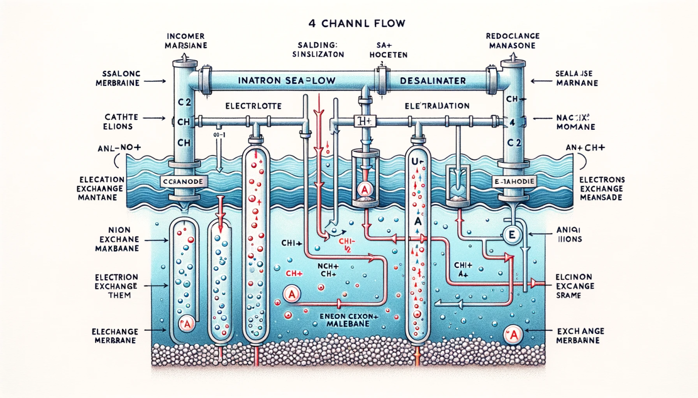 Esquema del sistema de desalinización de flujo redox de 4 canales del profesor Taylor, interpretado por la IA Dall-E.