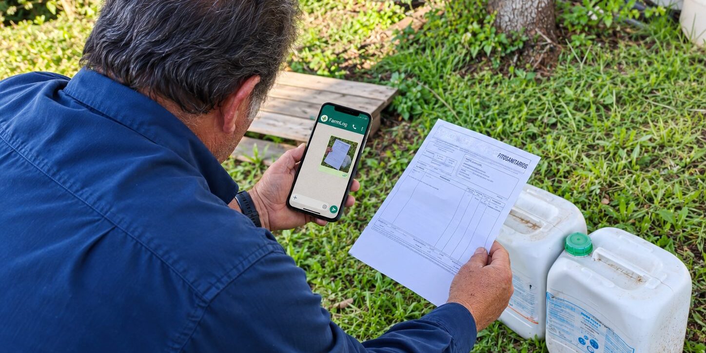 Agricultor fotografía un albarán de fitosanitarios y lo envía por WhatsApp a FarmLog, junto a las garrafas del producto