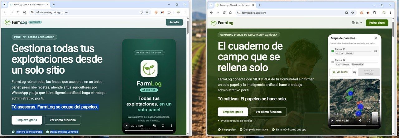 FarmLog access screens: agronomic advisor dashboard and digital field notebook for growers