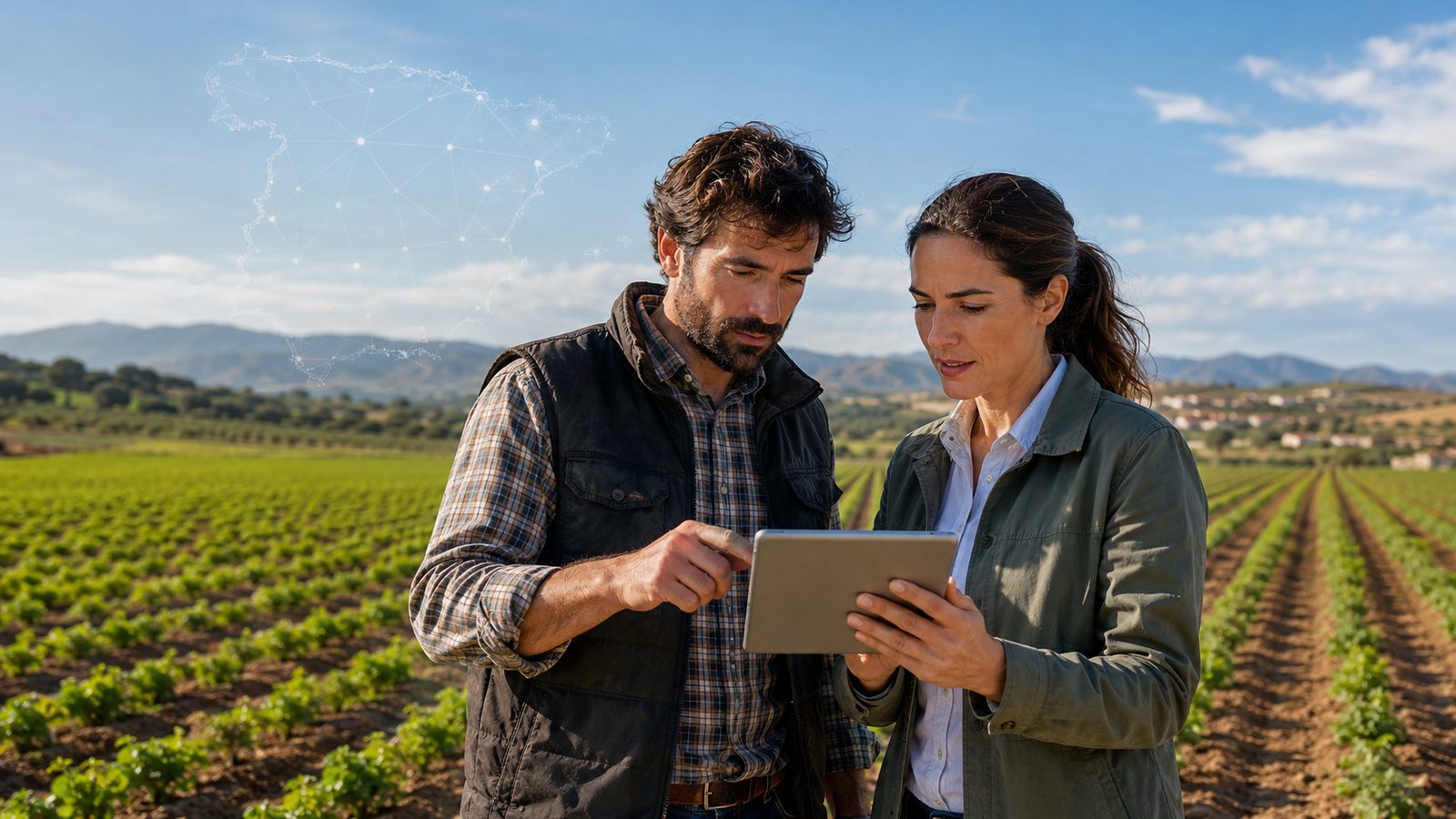 A grower and an advisor check FarmLog on a tablet in the field, with a connected map of Spain in the sky